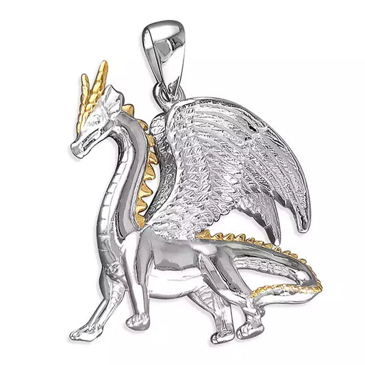 Sterling Silver 925 Two-Tone Dragon Pendant with Choice of Chain