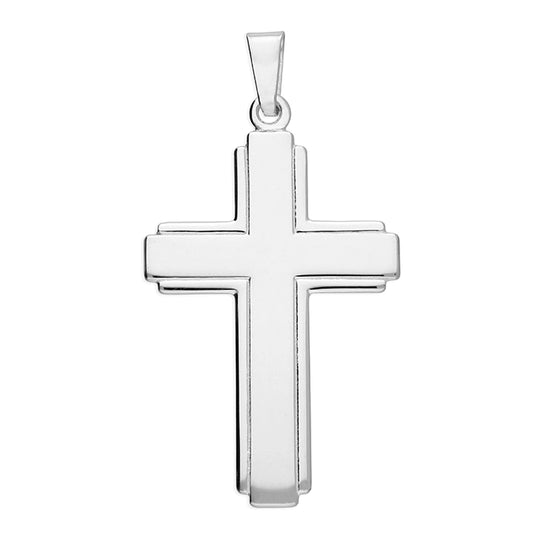 Sterling Silver 925 Large Art Deco Cross Pendant with Diamond-Cut Curb Chain